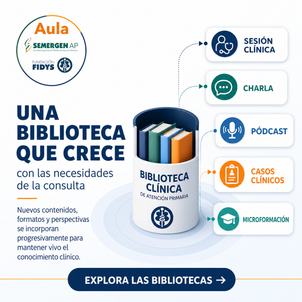 Una biblioteca ilustrada se conecta con sesión clínica, charla, pódcast, casos clínicos y microformación para representar la incorporación progresiva de contenidos.