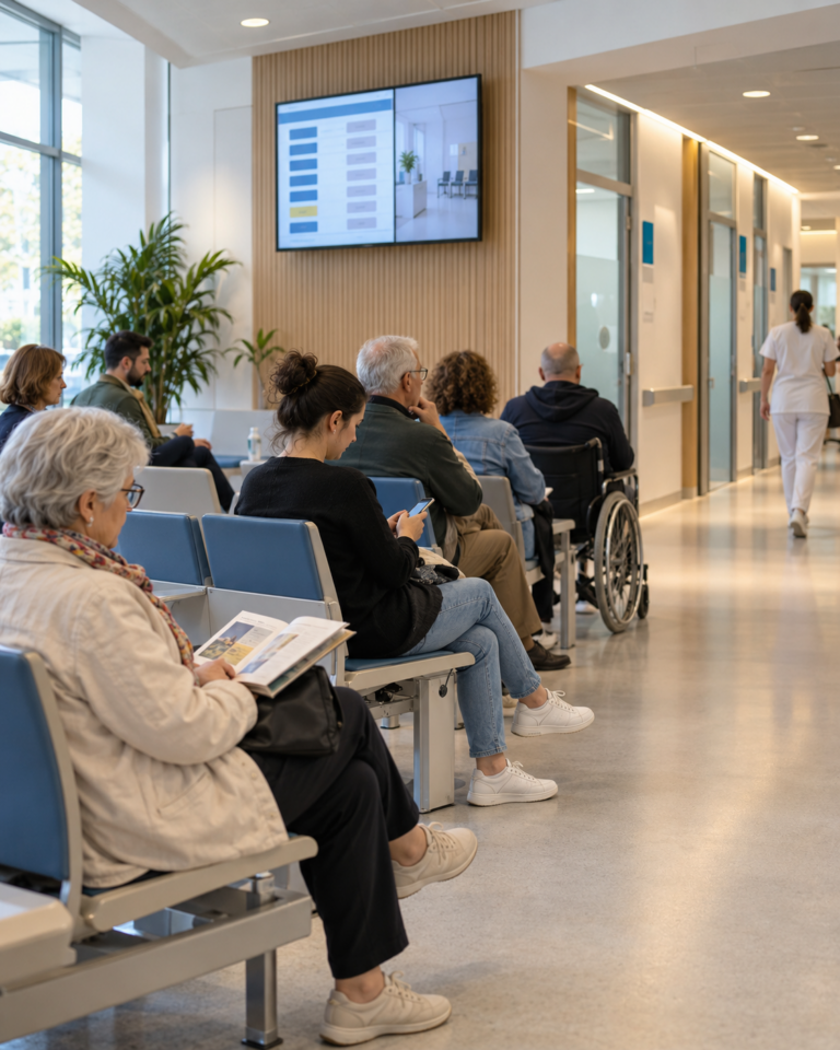 Pacientes esperan su turno junto a una pantalla informativa en un centro sanitario.