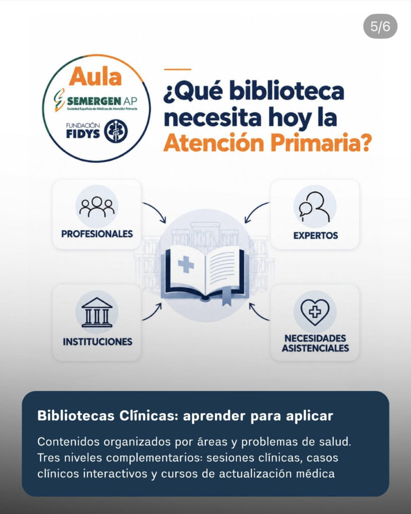 Un libro abierto ocupa el centro de un esquema conectado con profesionales, expertos, instituciones y necesidades asistenciales.