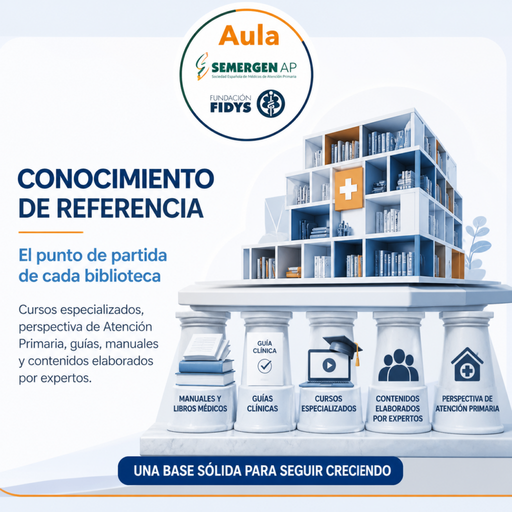 Biblioteca ilustrada sobre pilares que representan manuales médicos, guías clínicas, cursos especializados, contenidos de expertos y perspectiva de Atención Primaria.