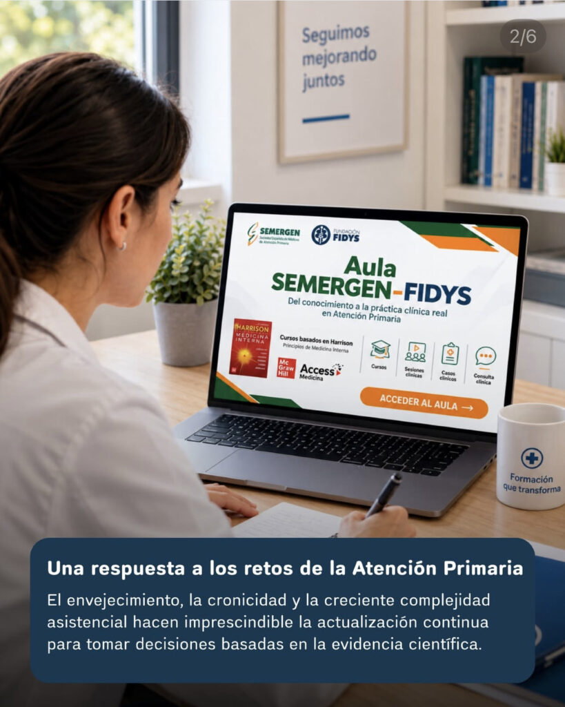 Una profesional con bata toma notas ante un ordenador que muestra una composición gráfica del Aula SEMERGEN–FIDYS.
