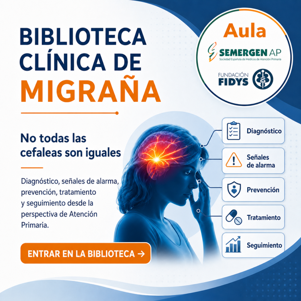 Biblioteca clínica de migraña con una figura que representa la cefalea y referencias a diagnóstico, señales de alarma, prevención, tratamiento y seguimiento.
