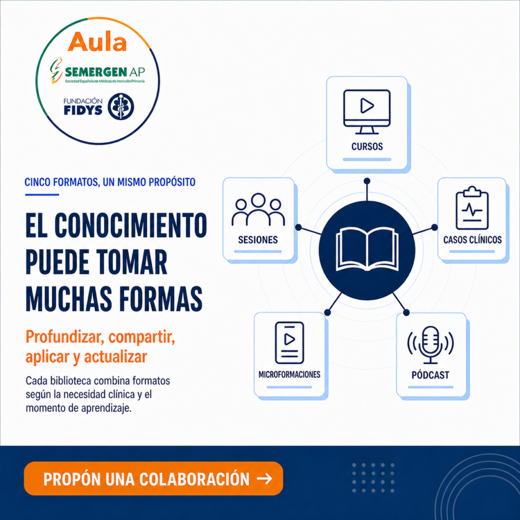 05 cinco formatos Cursos, sesiones, casos clínicos, microformación y pódcast conectados con una biblioteca central.