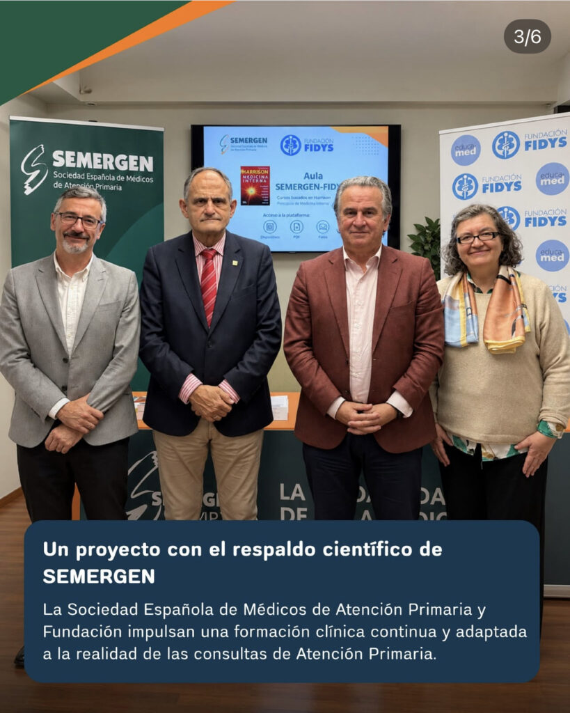 Cuatro participantes posan durante la presentación; un recuadro inferior destaca el respaldo científico de SEMERGEN al proyecto.
