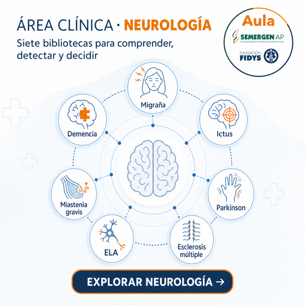 Ilustración del área de Neurología con referencias a migraña, demencia, ictus, Parkinson, esclerosis múltiple, ELA y miastenia gravis.