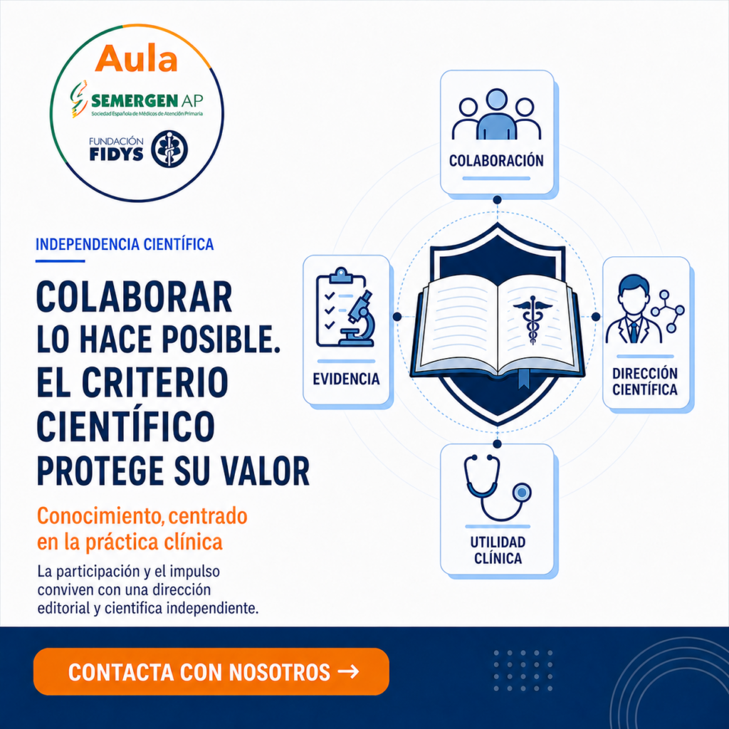 08 independencia cientifica Un libro protegido por un escudo conecta colaboración, evidencia, dirección científica y utilidad clínica.