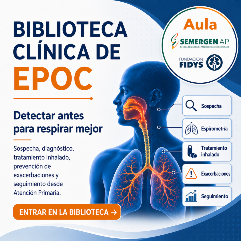Biblioteca clínica de EPOC con una ilustración del aparato respiratorio y referencias a sospecha, espirometría, tratamiento inhalado, exacerbaciones y seguimiento.