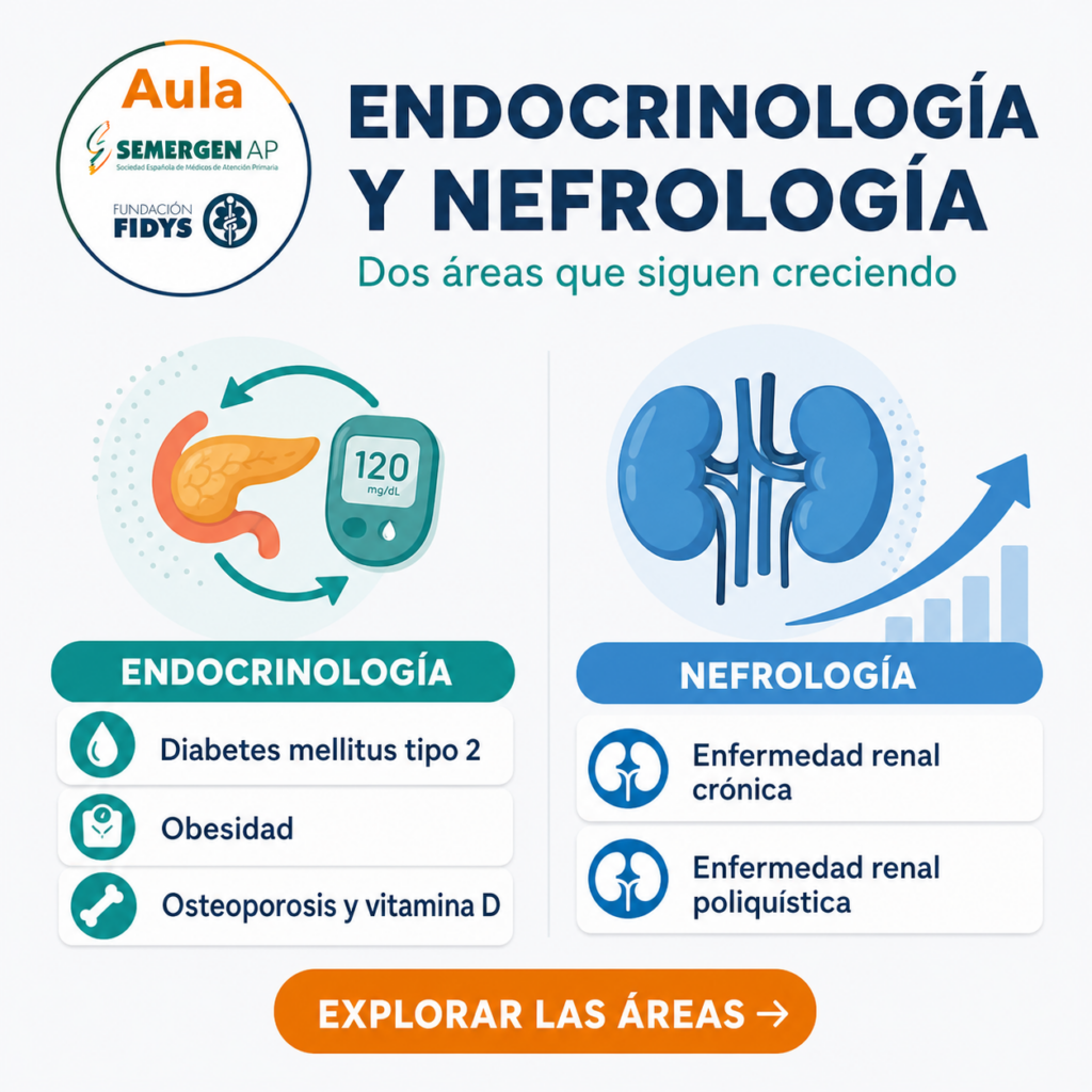 Presentación de endocrinología y nefrología con ilustraciones del páncreas, un glucómetro y los riñones, y referencias a distintas patologías.
