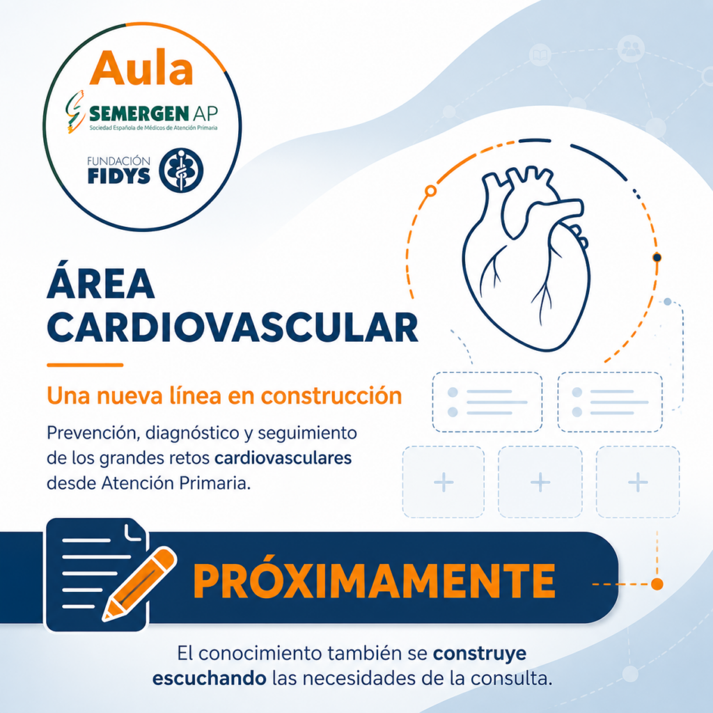 Presentación del área cardiovascular como una línea en construcción, con una ilustración del corazón y el anuncio «Próximamente».