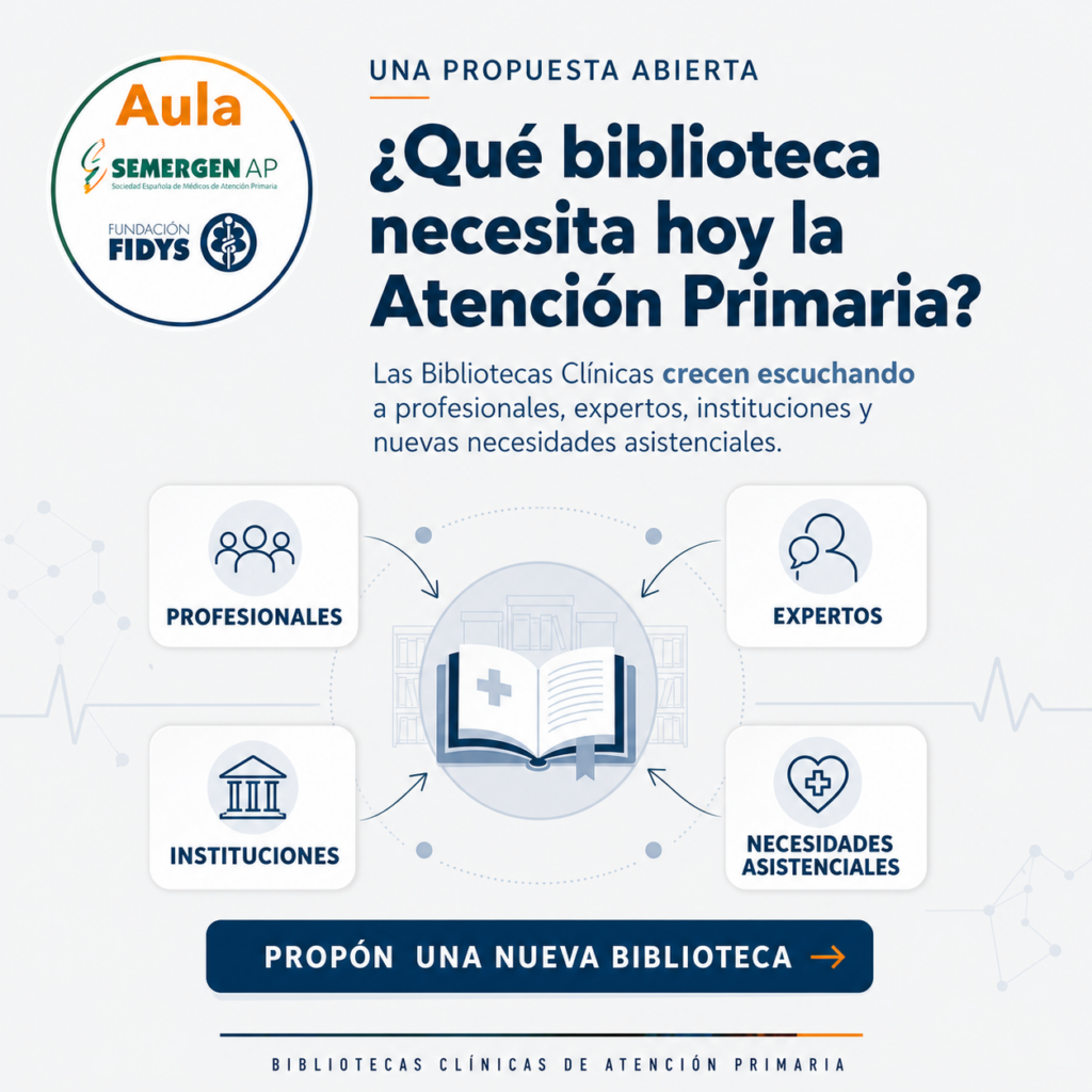 Propuesta abierta de nuevas bibliotecas clínicas, representada mediante profesionales, expertos, instituciones y necesidades asistenciales conectados con un libro.