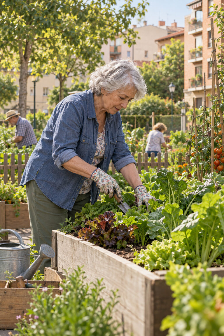 Una mujer mayor cuida las verduras de un bancal elevado en un huerto urbano, con otras personas al fondo.