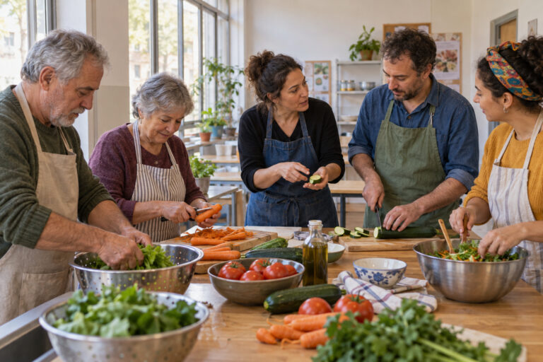 Cinco personas de distintas edades preparan verduras alrededor de una mesa en una cocina compartida.