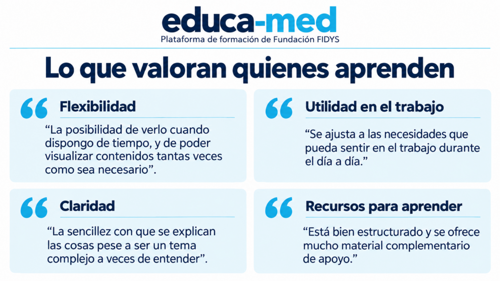 Nuestro modelo convence. Quienes se forman lo avalan. 2 Opiniones de participantes que destacan la posibilidad de consultar los contenidos cuando disponen de tiempo, la utilidad para el trabajo diario, la claridad de las explicaciones y los materiales complementarios.
