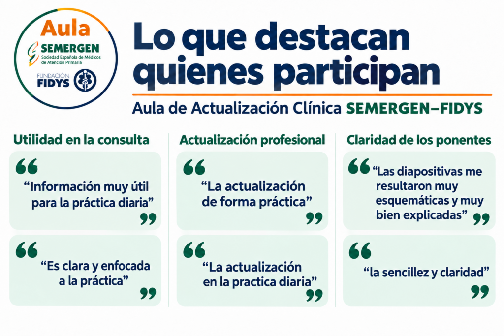 Opiniones de participantes del Aula SEMERGEN–FIDYS que destacan la utilidad para la práctica diaria, la orientación práctica, la actualización profesional, las diapositivas bien explicadas y la sencillez y claridad.