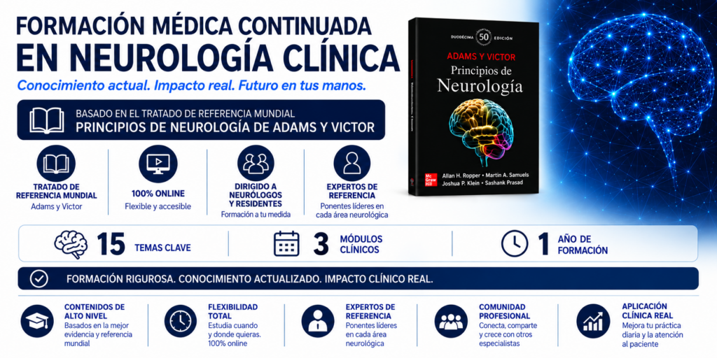 Cartel de formación en neurología clínica con la portada de Adams y Victor y referencias al formato online y los tres módulos del programa.